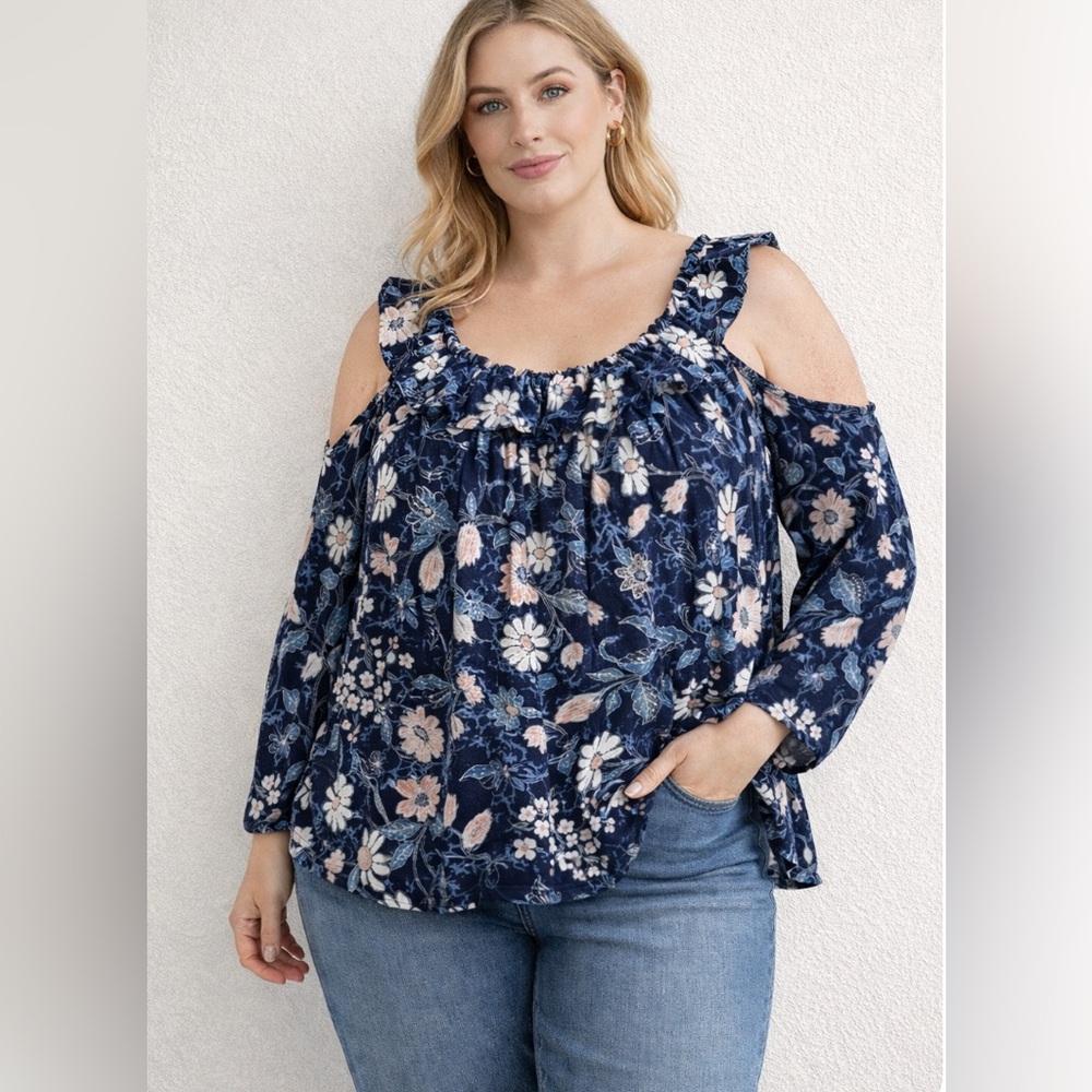 INC International Concepts 3X Blue Floral Cold Shoulder Blouse Top Ruffled Neck